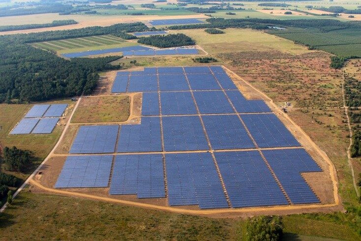 Aerial view of a large-scale solar photovoltaic farm