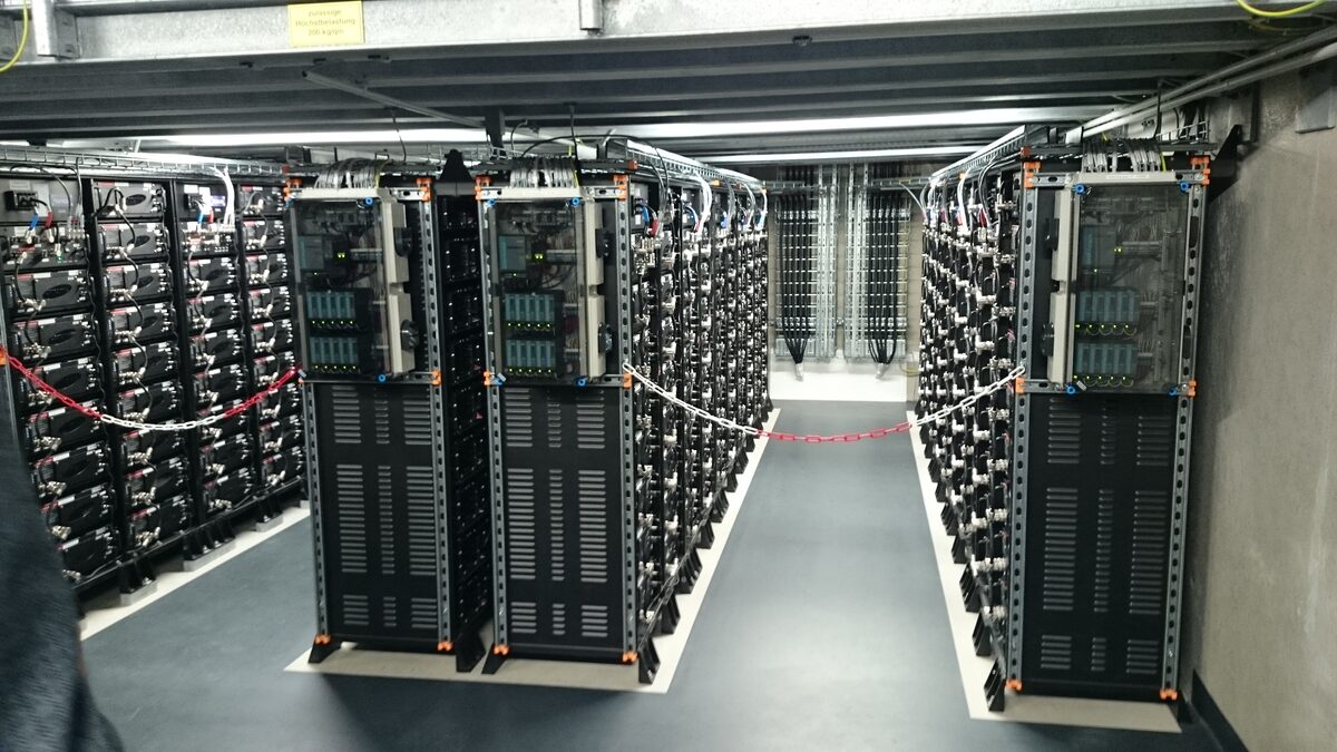 Interior of a grid-scale battery energy-storage facility